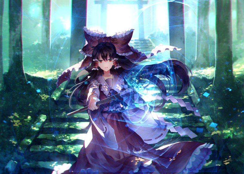 ascot backlighting black_hair bow commentary_request cowboy_shot dappled_sunlight day detached_sleeves forest frilled_skirt frills gohei hair_between_eyes hair_bow hair_tubes hakurei_reimu highres long_hair long_sleeves looking_at_viewer nature nontraditional_miko parted_lips red_bow red_eyes red_shirt red_skirt ribbon-trimmed_sleeves ribbon_trim shirt skirt skirt_set smile solo stairs sunakumo sunlight torii touhou very_long_hair wide_sleeves