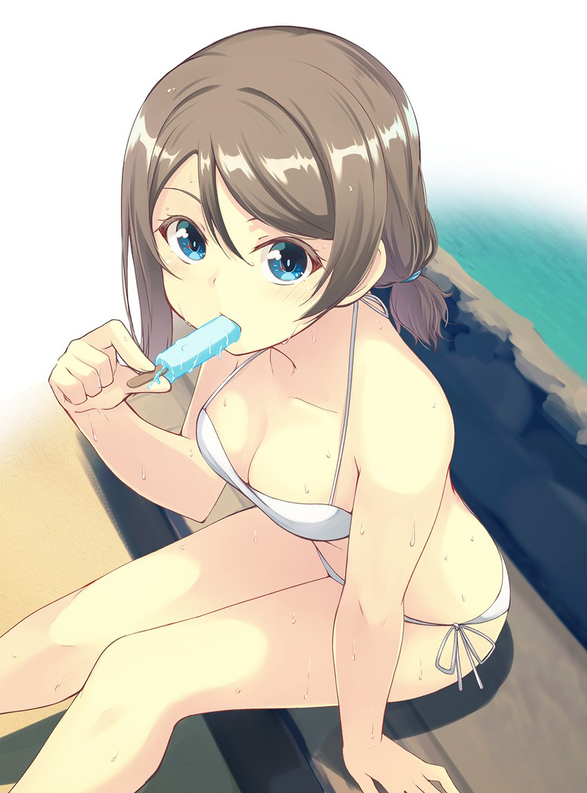 arm_support bikini blue_eyes breasts bright_pupils brown_hair cleavage food food_in_mouth from_above hair_between_eyes halterneck hand_to_own_mouth highres leaning_forward looking_at_viewer love_live! love_live!_sunshine!! medium_breasts mouth_hold nanotsuki popsicle short_hair short_ponytail side-tie_bikini sitting solo sweat swimsuit watanabe_you white_bikini