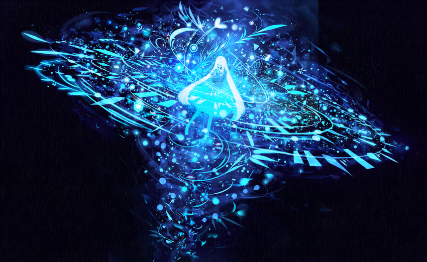black_background blue commentary_request dress fantasy floating glowing glowing_hair highres holding long_hair magic original pigeon-toed sakimori_(hououbds) simple_background solo very_long_hair
