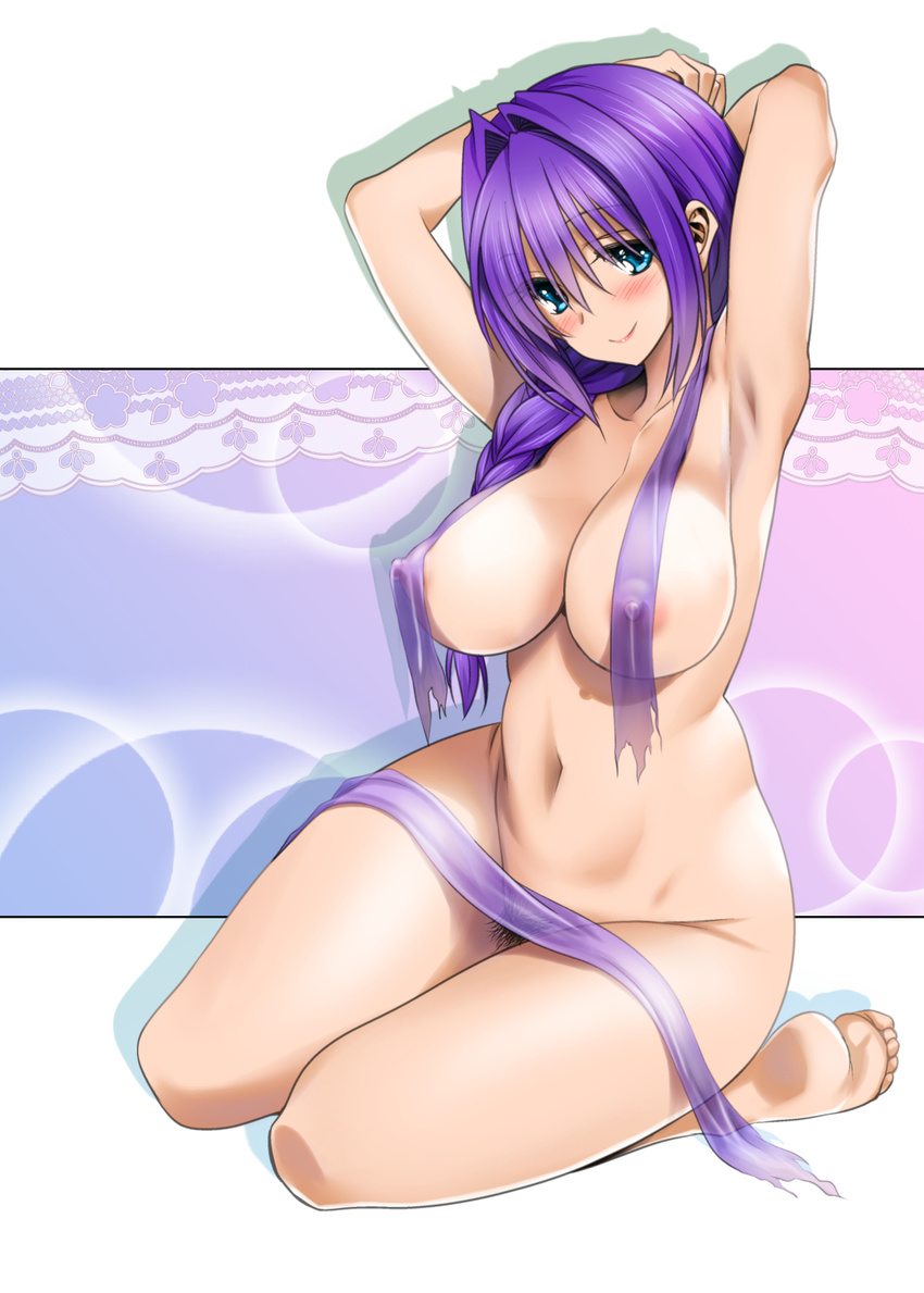 armpits arms_behind_head arms_up barefoot blue_eyes blush braid breasts closed_mouth eyebrows_visible_through_hair hair_between_eyes hair_intakes hair_over_shoulder highres kanon large_breasts long_hair looking_at_viewer mature minase_akiko mismatched_pubic_hair mitarashi_kousei moderate_pubic_hair navel nipples nude outside_border pubic_hair purple_hair ribbon see-through seiza simple_background sitting smile solo white_background