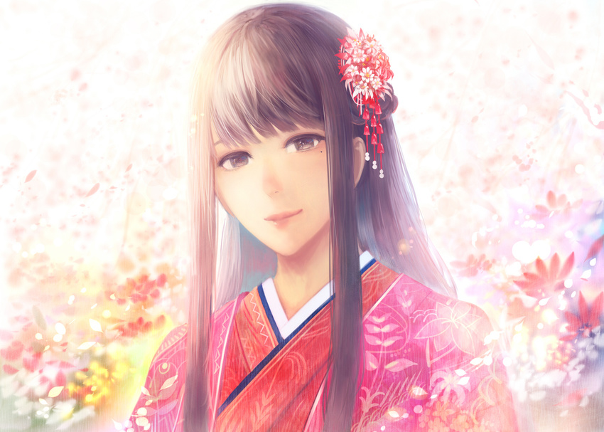 bangs character_request chihayafuru commentary_request floral_print flower hair_flower hair_ornament japanese_clothes kimono light_smile long_hair looking_at_viewer mole mole_under_eye red_kimono sakimori_(hououbds) smile solo