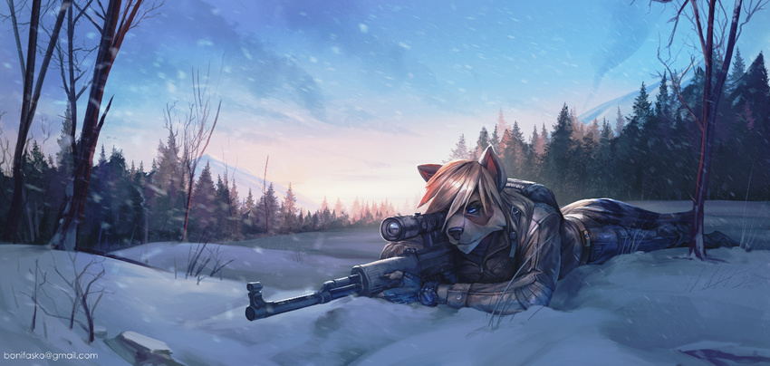 anthro bonifasko clothed clothing fur girly gun hair lying male mammal on_front outside raccoon ranged_weapon rifle sniper_rifle snow solo weapon