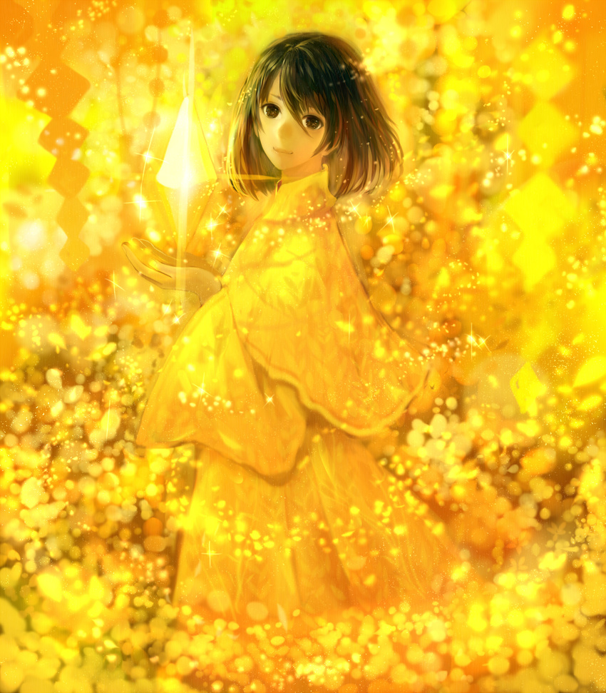 bangs black_eyes black_hair closed_mouth commentary_request cropped_legs crystal from_side hair_between_eyes highres light_smile looking_at_viewer magic open_hands original robe sakimori_(hououbds) short_hair solo yellow