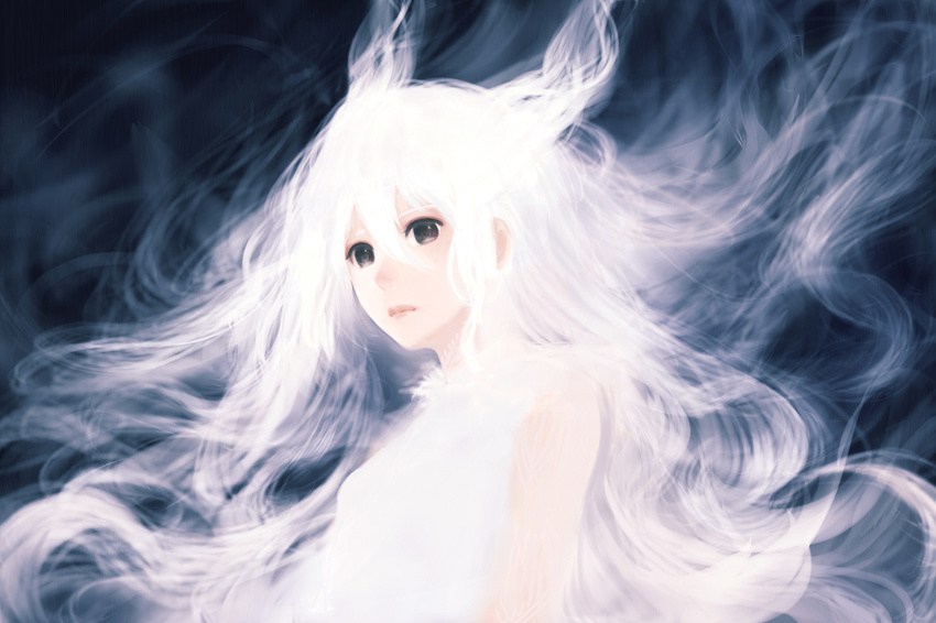 black_eyes breasts closed_mouth commentary_request expressionless glowing long_hair looking_at_viewer medium_breasts original sakimori_(hououbds) solo white white_hair