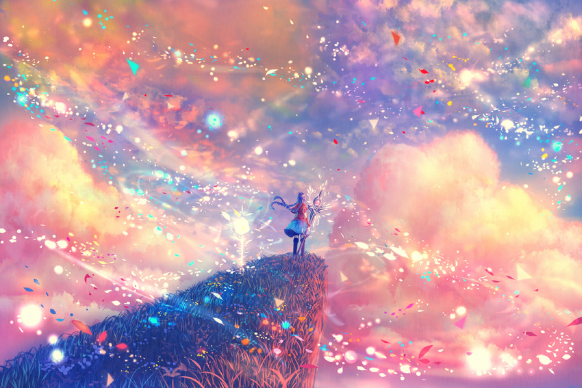 black_legwear blue_skirt braid cliff cloud cloudy_sky colorful commentary_request day from_behind grass holding holding_staff long_hair magic original red_shirt sakimori_(hououbds) scenery shirt skirt sky solo staff standing thighhighs twin_braids