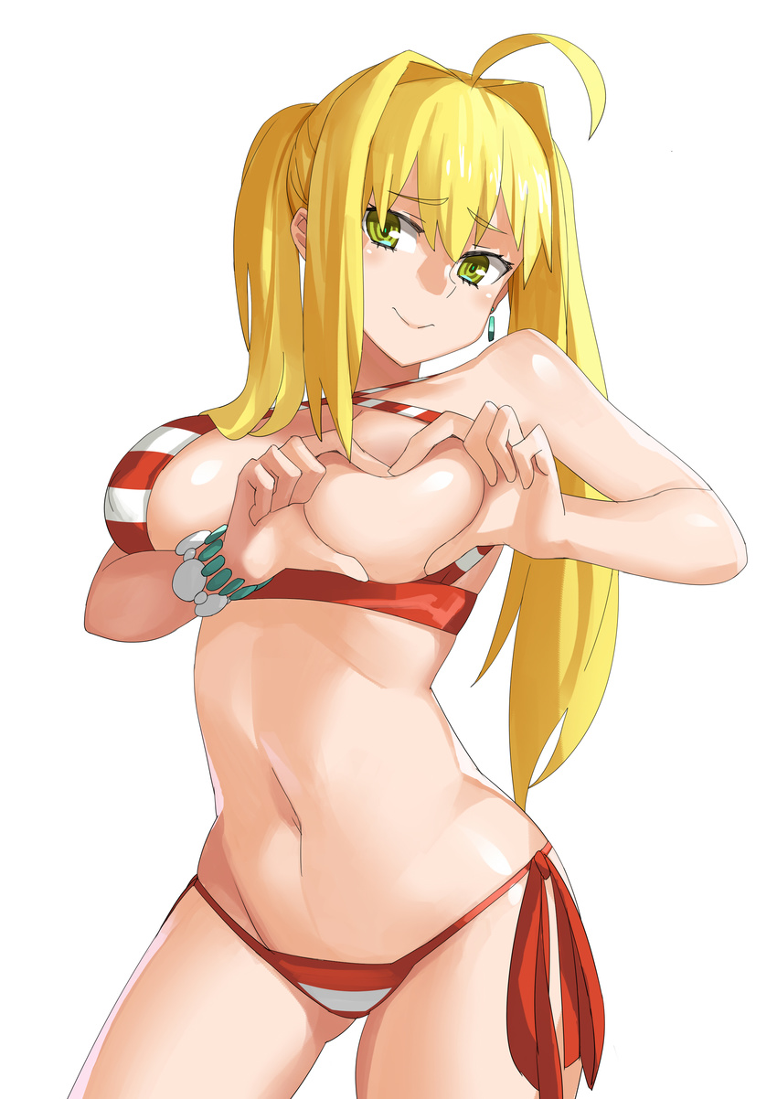 absurdres ahoge bikini blonde_hair breasts closed_mouth contrapposto covered_nipples covering_nipples cowboy_shot fate/grand_order fate_(series) green_eyes hair_intakes halterneck heart-shaped_boob_challenge highres large_breasts long_hair looking_at_viewer nanaya777 navel nero_claudius_(fate)_(all) nero_claudius_(swimsuit_caster)_(fate) one_breast_out side-tie_bikini smile solo standing striped striped_bikini swimsuit twintails white_background