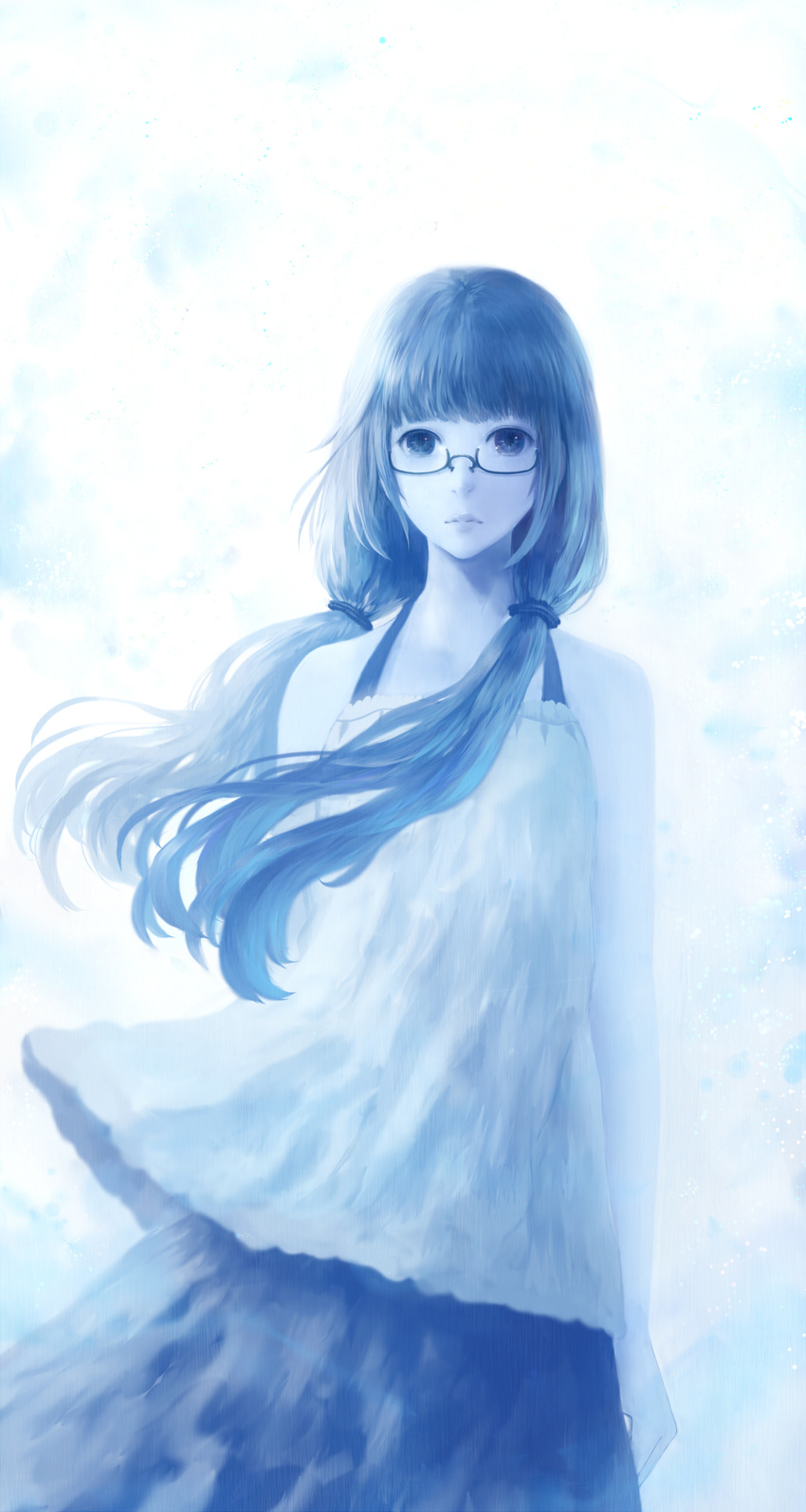 bangs bare_arms bare_shoulders blue blunt_bangs closed_mouth commentary_request cowboy_shot dress expressionless glasses highres long_hair looking_at_viewer monochrome original sakimori_(hououbds) skirt solo tied_hair