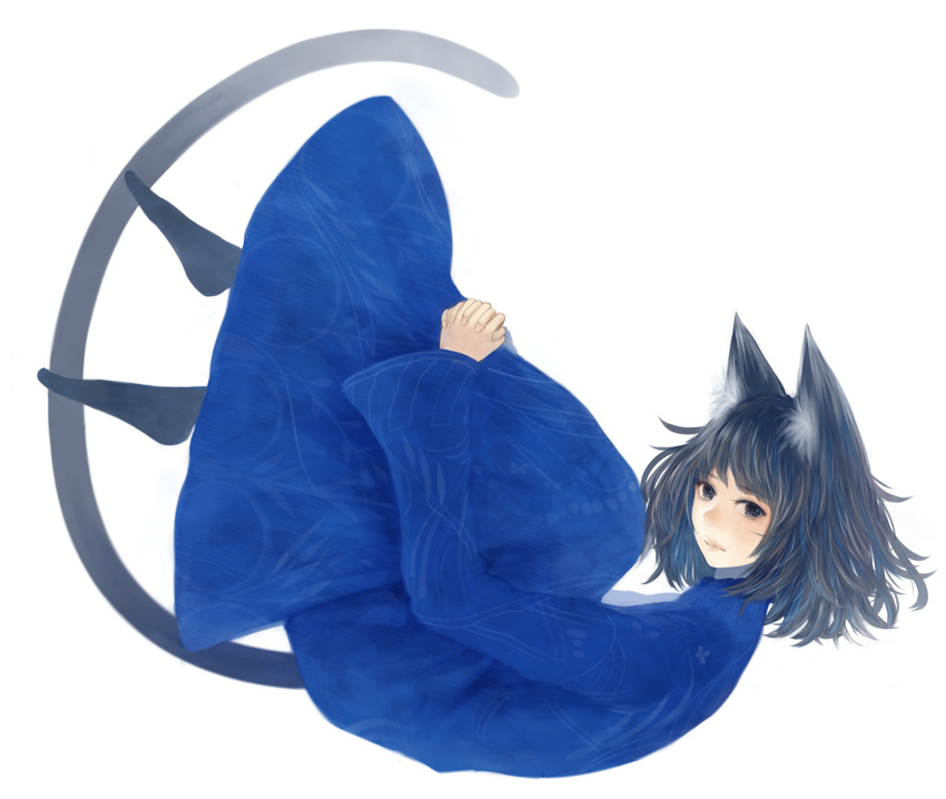 animal_ears black_eyes blue_dress cat_ears cat_girl cat_tail closed_mouth commentary_request dress floating from_side full_body grey_hair hands_on_own_knees highres interlocked_fingers long_sleeves long_tail looking_at_viewer monochrome_background no_shoes original sakimori_(hououbds) short_hair simple_background socks solo tail white_background wide_sleeves