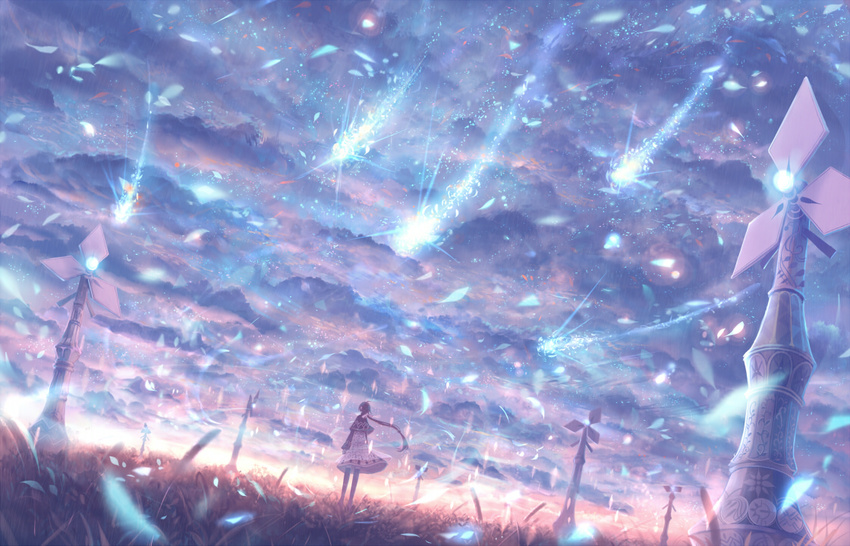 ahoge braid cloud cloudy_sky commentary_request from_behind long_hair looking_afar magic original pink_hair sakimori_(hououbds) scenery skirt sky solo standing tower