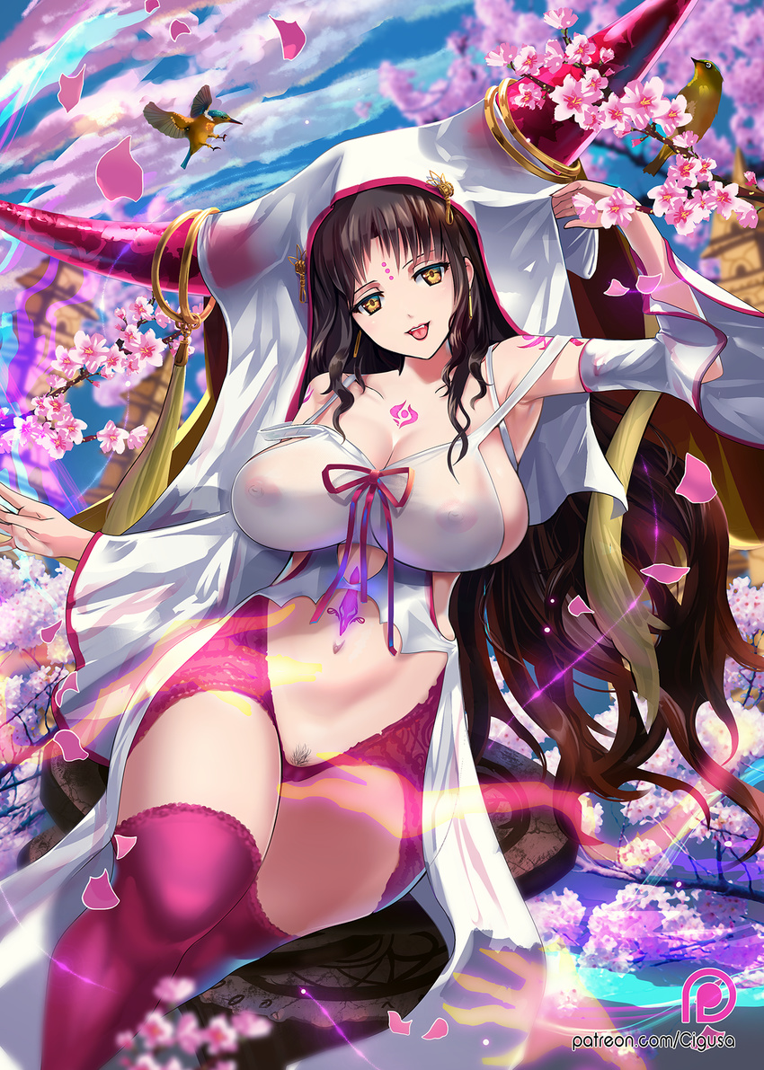 arm_up bare_shoulders bird breasts brown_eyes brown_hair cleavage commentary_request curvy fate/grand_order fate_(series) highres hips horn_ornament horns hummingbird large_breasts leg_up long_hair navel nipples pubic_hair see-through senria sesshouin_kiara sideboob solo tattoo thighs tongue very_long_hair wide_hips