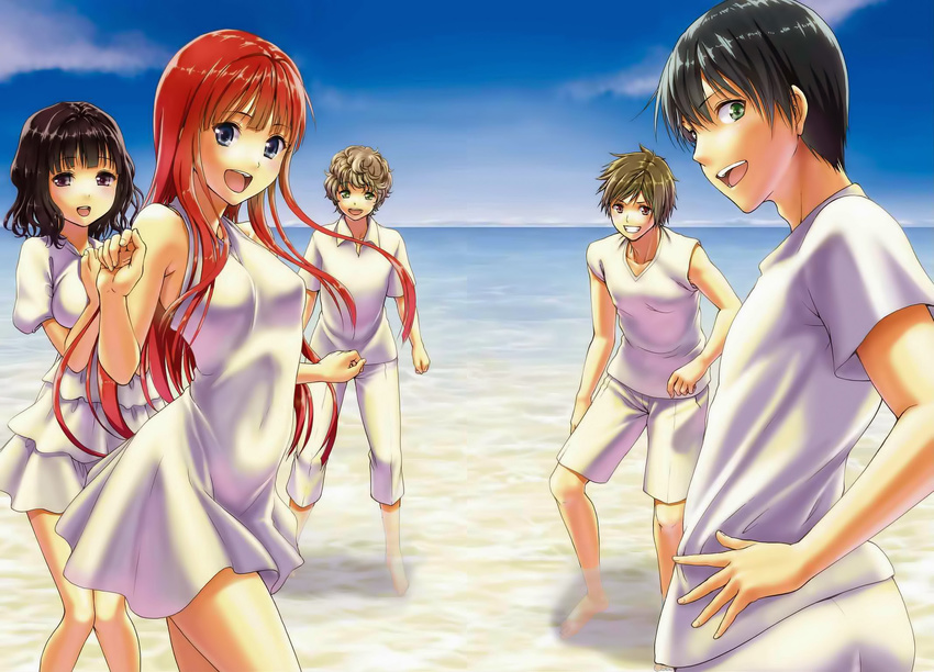 3boys :d akizuki_maria amano_reiko aonuma_shun asahina_satoru beach black_hair blue_eyes brown_eyes brown_hair cloud cloudy_sky collarbone covered_navel day dress floating_hair green_eyes grin hair_between_eyes hand_on_hip highres itou_mamoru layered_dress long_hair looking_at_viewer looking_back multiple_boys multiple_girls ocean official_art oikawa_tooru open_mouth outdoors purple_eyes red_hair shin_sekai_yori shirt short_dress short_sleeves shorts sky sleeveless sleeveless_dress sleeveless_shirt smile standing sundress wading water white_dress white_shirt white_shorts