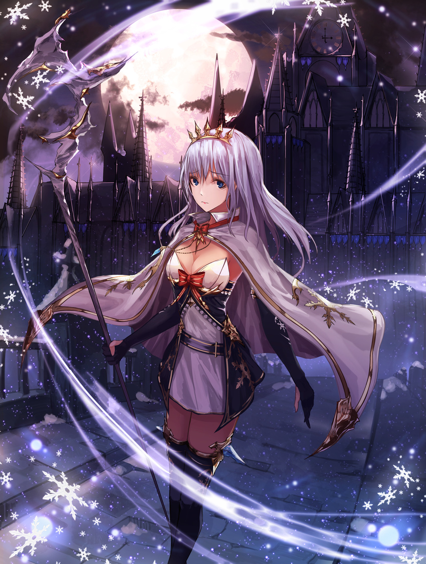absurdres black_legwear blue_eyes breasts cape cleavage clock clock_tower crown highres ice moon night night_sky original outdoors purple_hair see_n sky small_breasts solo staff standing tower white_cape