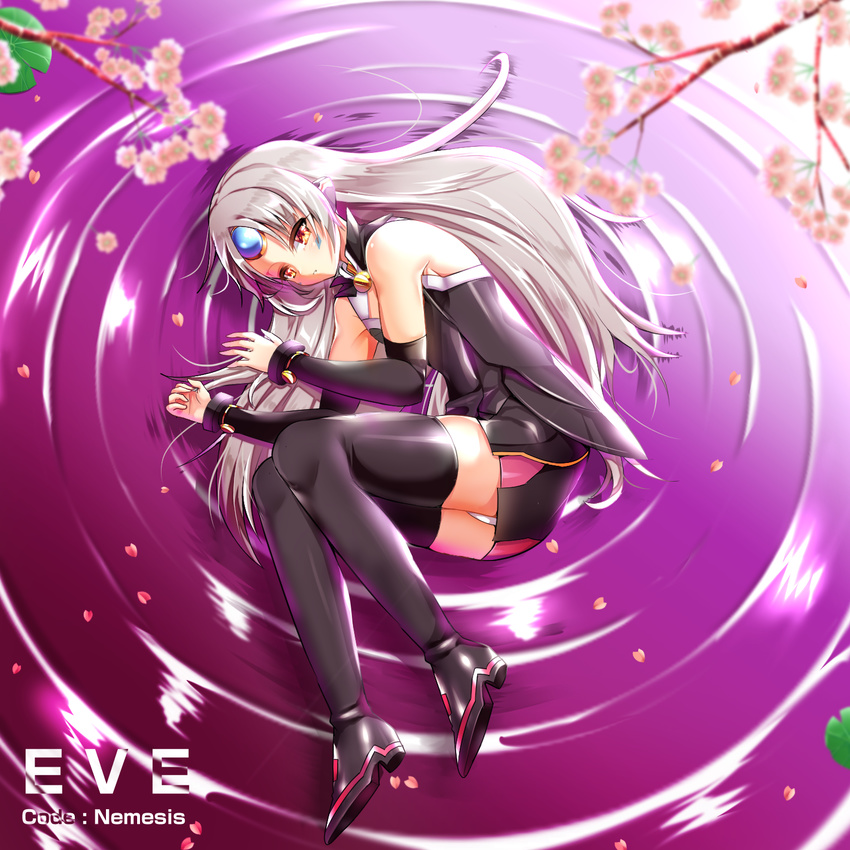 1girl armor bent_knees black_boots black_dress black_gloves black_shirt black_skirt character_name cherry_blossom_tree code:_nemesis_(elsword) elbow_gloves elsword english_text eve_(elsword) eyebrows_visible_through_hair facial_marks forehead_jewel knees_together laying_on_side legs_together lily_pad long_hair miniskirt orange_eyes panties pantyshot pink_water purple_water robot_ears short_dress short_skirt silver_hair solo thigh_boots thighhigh very_long_hair white_hair white_panties