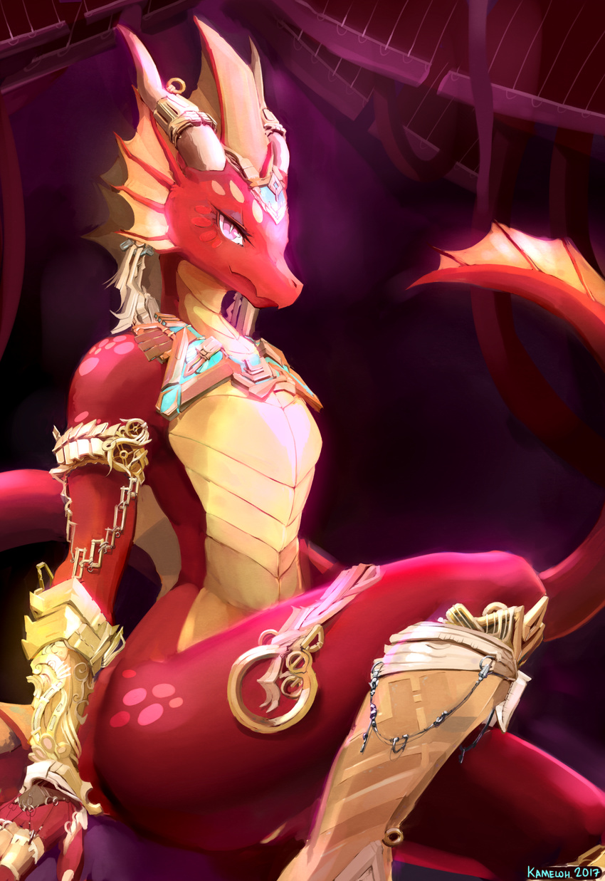 2017 anthro detailed_background dragon eyelashes female horn jewelry kameloh nude pink_eyes pussy sitting smile solo spines wide_hips