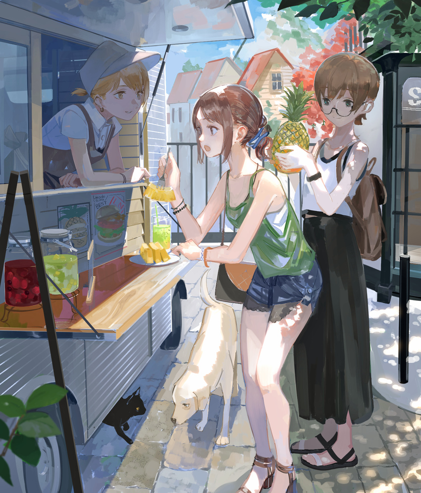 :o apron arm_support aspara backpack bag bare_arms bare_shoulders black_eyes blonde_hair brown_eyes brown_hair camisole cat collared_shirt commentary cup dog drinking_glass drinking_straw earrings exposed_pocket food food_stand fork fruit full_body glasses hand_rest hand_up hat highres holding holding_food holding_fork holding_fruit jewelry leaning_forward long_skirt looking_at_another multiple_girls open_mouth original parted_lips pineapple pineapple_slice sandals semi-rimless_eyewear shirt short_hair short_ponytail short_shorts short_sleeves shorts skirt smile standing summer under-rim_eyewear wing_collar yellow_eyes