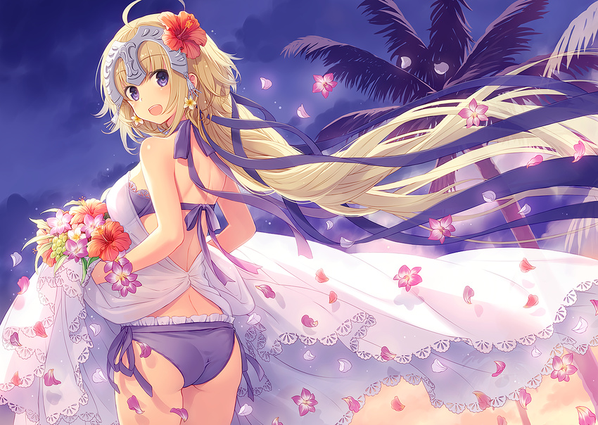 :d ahoge ass bangs bikini blonde_hair blue_eyes bouquet braid breasts cloud cloudy_sky cowboy_shot evening eyebrows_visible_through_hair fate/apocrypha fate/grand_order fate_(series) floating_hair flower flower_bracelet from_behind hair_flower hair_ornament hair_ribbon head_tilt headpiece hibiscus holding holding_bouquet jeanne_d'arc_(fate) jeanne_d'arc_(fate)_(all) lace_trim long_hair looking_at_viewer looking_back medium_breasts neck_ribbon open_mouth outdoors palm_tree petals ponytail purple_bikini purple_eyes purple_ribbon ribbon shawl side-tie_bikini sky smile solo swimsuit teeth tree very_long_hair wind yashiro_seika