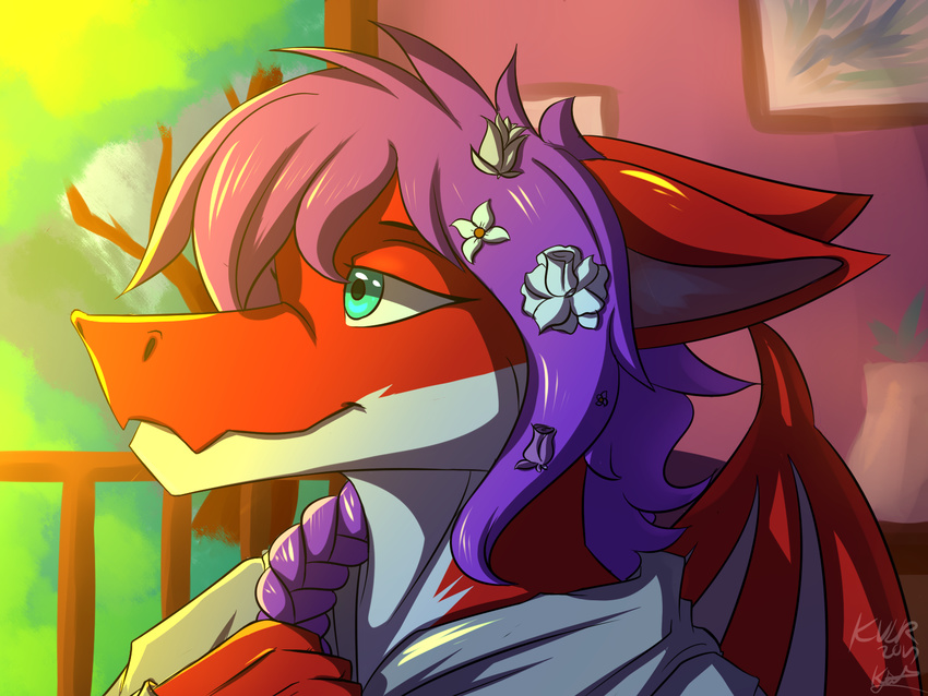 2017 anthro azaly clothed clothing day detailed_background digital_media_(artwork) dragon fur girly hair kevinlaros male outside purple_hair scalie sky smile solo sunset tree wings