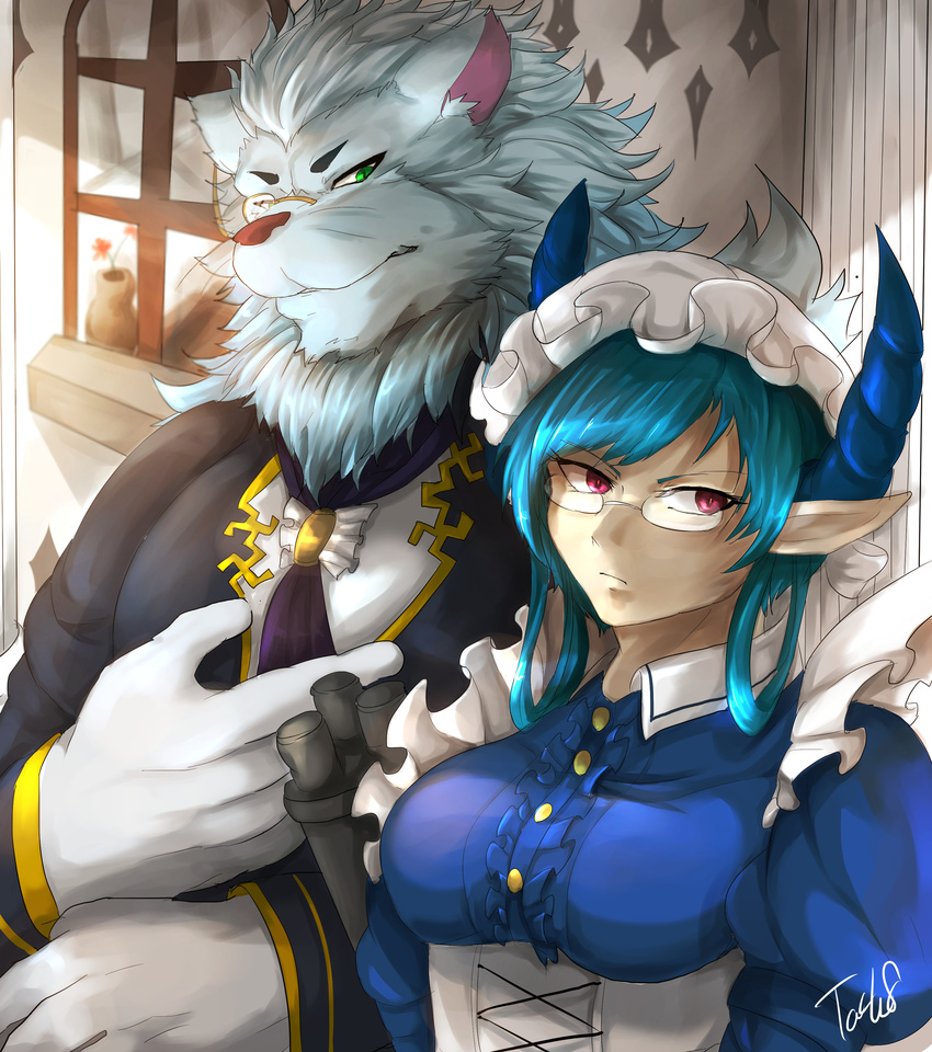 anthro blue_hair butler clothing duo eyewear feline female fur glasses green_eyes hair horn human kemono lion looking_away maid_uniform male mammal melusine monocle red_eyes snow_(tas) tach8_(artist) tokyo_afterschool_summoners uniform unimpressed white_fur