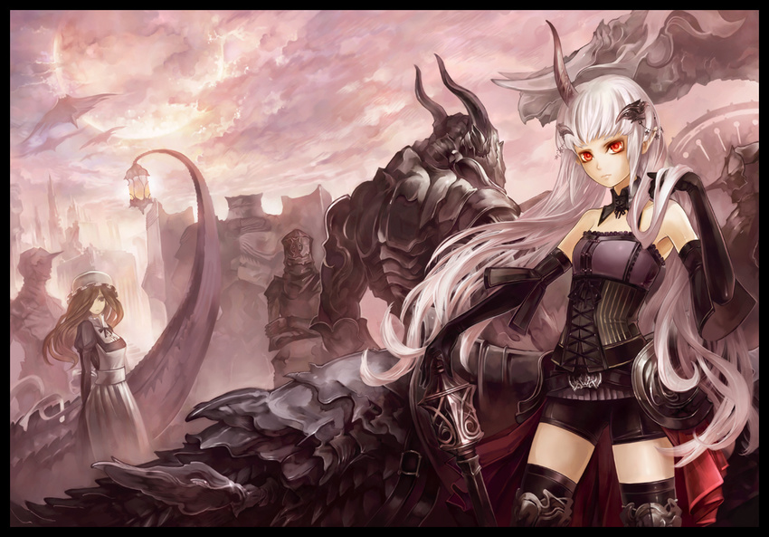 albino armor black_legwear corset demon_girl elbow_gloves fantasy gloves horns long_hair maid multiple_girls original red_eyes short_shorts shorts silver_hair suzuya_akinori thighhighs very_long_hair