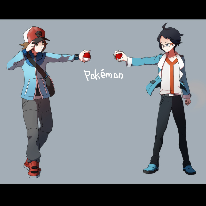 bag baggy_pants baseball_cap black_hair blazer blue_eyes brown_eyes brown_hair cheren_(pokemon) glasses hat hat_tip highres holding holding_poke_ball jacket male_focus mame_jirushi messenger_bag multiple_boys pants poke_ball poke_ball_(generic) pokemon pokemon_(game) pokemon_bw shoes shoulder_bag sneakers touya_(pokemon)