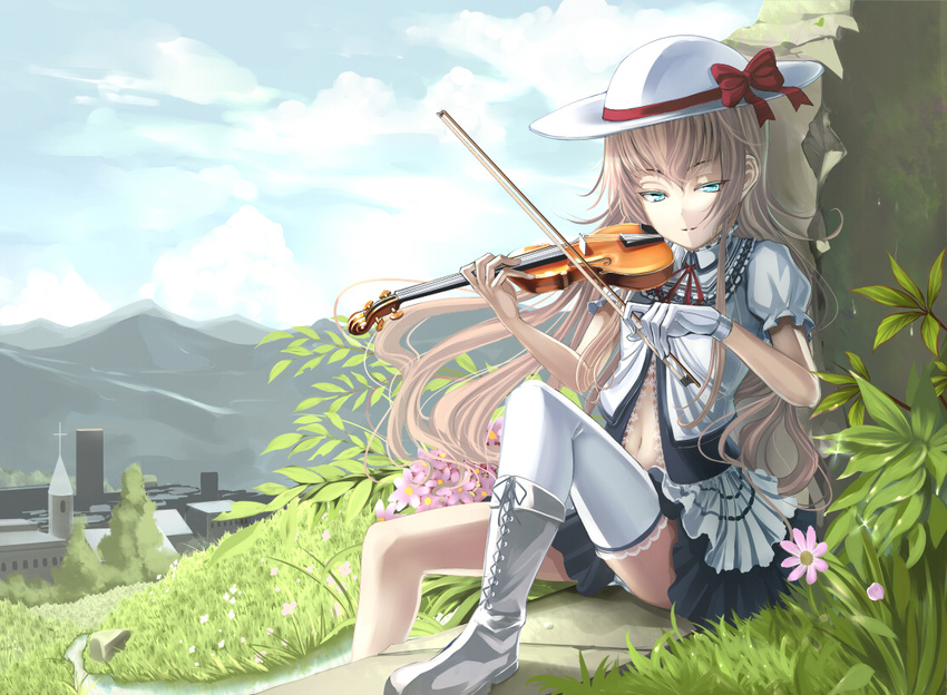 bangs blouse boots bow_(instrument) brown_hair cross-laced_footwear day flower gloves grass green_eyes grey_footwear hat hat_ribbon hill instrument knee_up layered_skirt left-handed legs light_brown_hair long_hair looking_at_viewer miniskirt music navel neck_ribbon on_ground original outdoors playing_instrument puffy_short_sleeves puffy_sleeves ribbon shiokonbu shoes short_sleeves single_boot single_glove single_shoe single_thighhigh sitting skirt solo spire steeple sun_hat sunlight thighhighs very_long_hair village violin white_hat