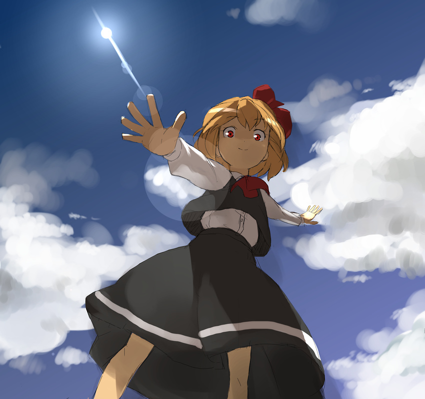 bad_id bad_pixiv_id blonde_hair bow cloud day hair_ribbon highres outstretched_arms red_eyes ribbon rumia short_hair skirt sky smile solo spread_arms sputnik_(artist) touhou