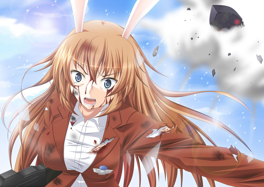 animal_ears blood blue_eyes breasts bunny_ears charlotte_e_yeager cloud day gun large_breasts long_hair machine_gun military military_uniform red_hair solo strike_witches torn_clothes uniform weapon world_witches_series yukimura1130