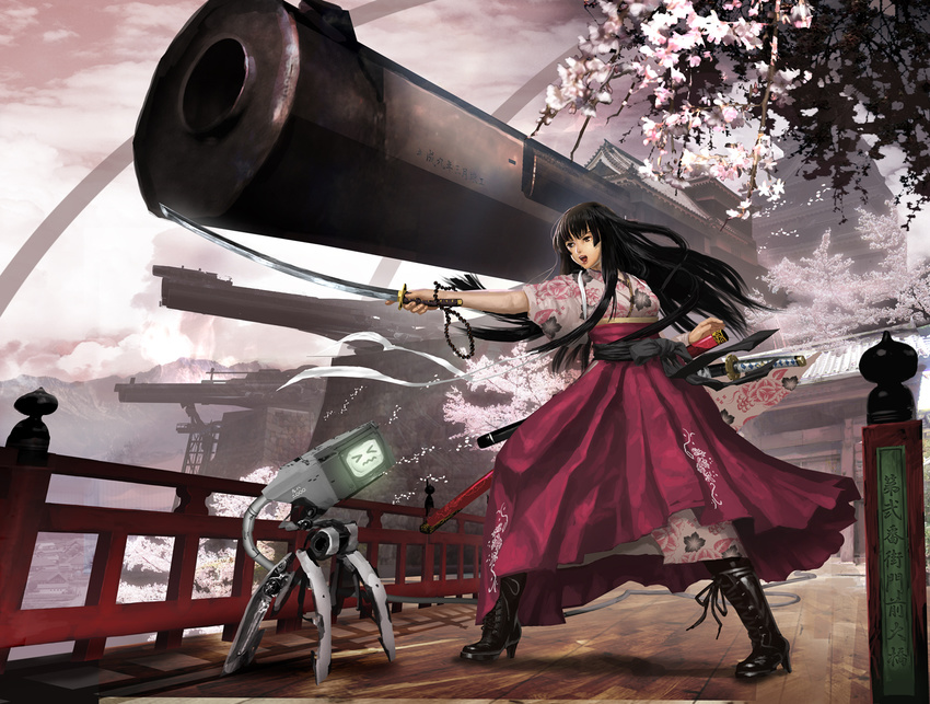 &gt;_&lt; architecture black_hair boots cannon cherry_blossoms closed_eyes copyright_request east_asian_architecture gun huge_weapon japanese_clothes katana open_mouth original robot solo sword vanipo weapon