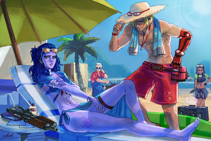 2girls alternate_costume apron barefoot beach beach_chair beach_umbrella cote_d'azur_widowmaker dark_skin day grilling grillmaster:_76 hair_pulled_back highres lifeguard_mccree male_swimwear mccree_(overwatch) multiple_boys multiple_girls overwatch palm_tree purple_hair purple_skin radio sitting soldier:_76_(overwatch) sombra_(overwatch) sunglasses swim_trunks swimwear tan tree tulum_sombra umbrella wallace_pires widowmaker_(overwatch)