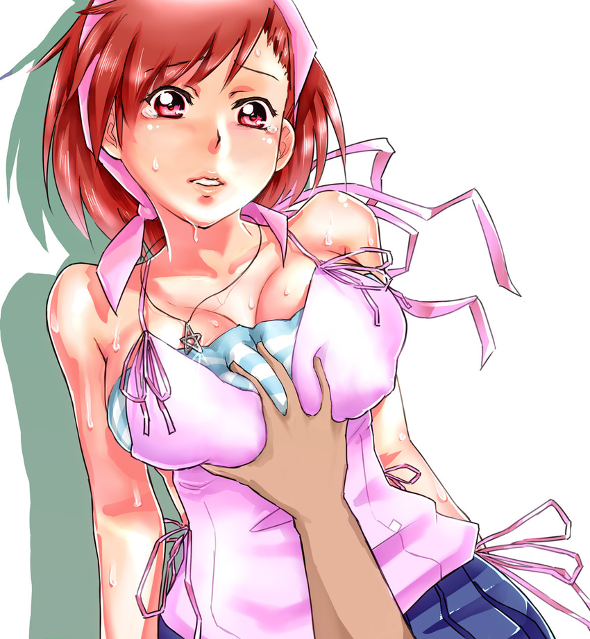 arms_at_sides bare_shoulders breast_grab breasts cleavage collarbone covered_nipples dark_skin dutch_angle eyebrows_visible_through_hair grabbing head_tilt highres jewelry large_breasts megami_ibunroku_devil_survivor necklace pendant red_eyes red_hair sato_iori short_hair simple_background sleeveless solo_focus striped sweat tanigawa_yuzu teardrop tearing_up upper_body white_background