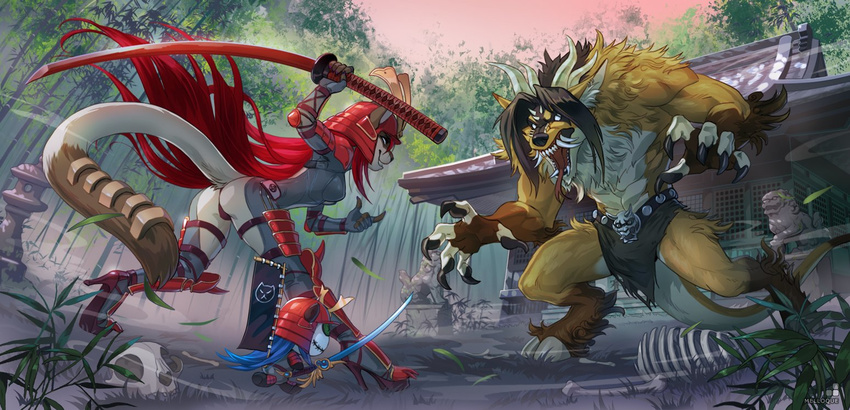 anthro black_hair bone cat clothed clothing detailed_background digitigrade duo feline female grass hair holding_object holding_weapon hybrid male mammal melee_weapon melloque open_mouth red_hair sword teeth tongue weapon