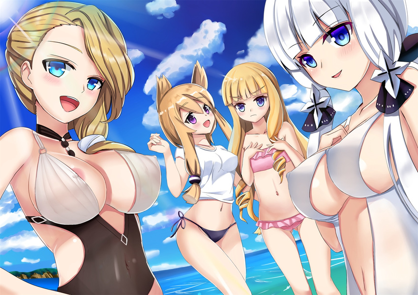 :d areola_slip areolae ass_visible_through_thighs azur_lane bangs bikini blonde_hair blue_eyes blunt_bangs blush breast_envy breasts cloud covered_navel covered_nipples day eyebrows_visible_through_hair flat_chest frilled_bikini frills hair_ornament hair_over_shoulder hair_ribbon hands_on_own_chest highres hood_(azur_lane) illustrious_(azur_lane) large_breasts light_rays long_hair looking_at_viewer low_ponytail medium_breasts multiple_girls navel ocean one-piece_swimsuit open_mouth outdoors pink_bikini ponytail purple_eyes queen_elizabeth_(azur_lane) ribbon ringlets side-tie_bikini sidelocks sky smile stomach swimsuit tress_ribbon warspite_(azur_lane) water white_hair zha_shi