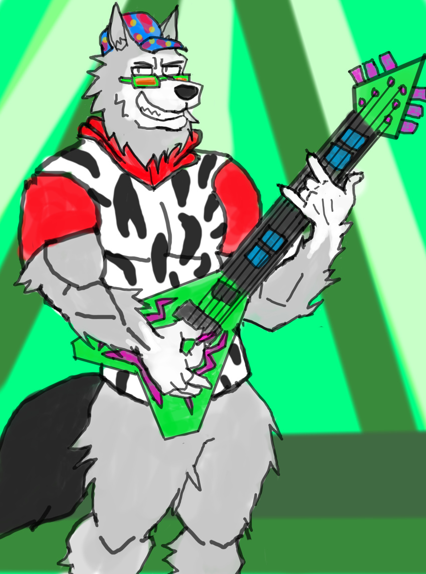 2017 anthro arm_tuft baseball_cap biceps biped black_clothing black_fur bottomless canine clothed clothing devil_horns digital_drawing_(artwork) digital_media_(artwork) electric_guitar eyewear fangs featureless_crotch front_view fur green_background grey_fur guitar guitar_pick hat hi_res holding_guitar_pick holding_musical_instrument hoodie humanoid_hands inner_ear_fluff leg_tuft looking_away looking_up male mammal mascot multicolored_clothing multicolored_fur muscular muscular_male musical_instrument old_spice pattern_background playing_guitar playing_music portrait red_clothing simple_background smile smokeyderg solo standing sunglasses three-quarter_portrait white_clothing white_fur wolf wolfthorn_(old_spice)