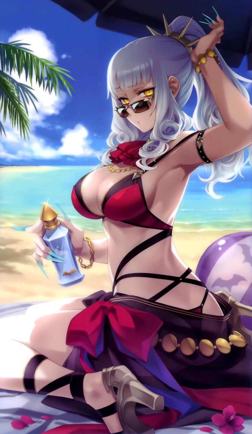 absurdres ass ball beach beachball bikini bottle bracelet breasts carmilla_(fate/grand_order) cleavage cloud cropped day fate/grand_order fate_(series) fingernails flower from_behind grey_hair high_heels highres hiroki_saito jewelry large_breasts long_fingernails long_hair looking_at_viewer looking_back ocean official_art outdoors scan seiza sitting solo summertime_mistress_(fate/grand_order) sunglasses swimsuit water yellow_eyes
