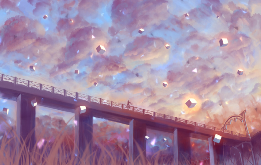 bridge cloud cloudy_sky commentary_request cube fantasy grass long_hair magic original sakimori_(hououbds) scenery skirt sky solo standing