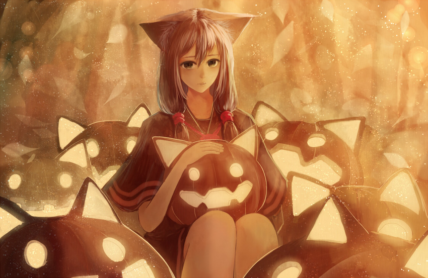 animal_ears bangs black_eyes brown_hair cat_ears closed_mouth commentary_request dress hair_between_eyes jack-o'-lantern knees knees_touching legs long_hair looking_at_viewer original pumpkin sakimori_(hououbds) solo tied_hair upper_body wide_sleeves