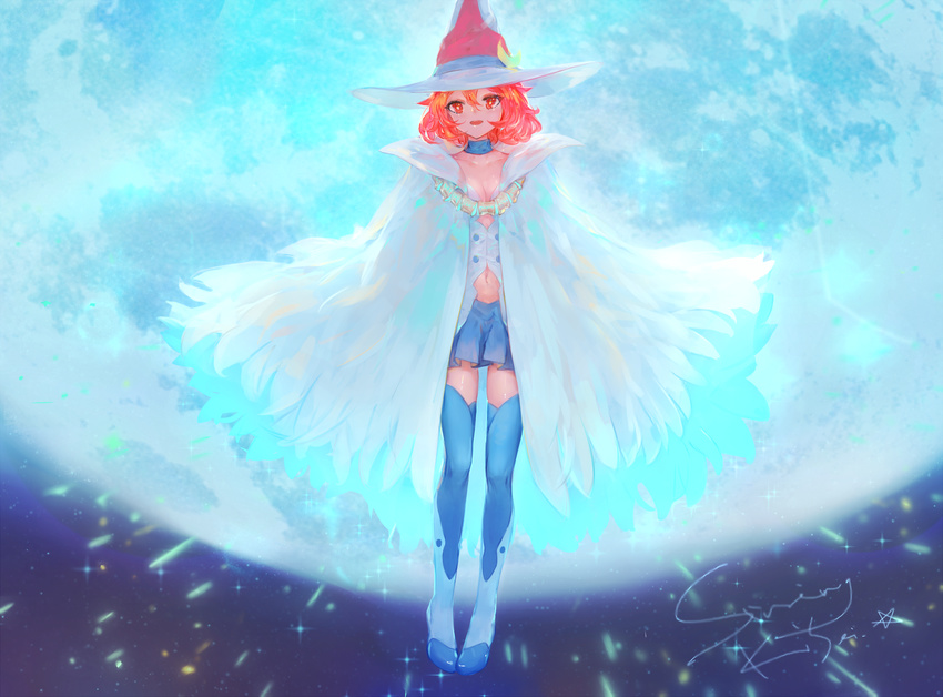 :d bangs blue_legwear blue_neckwear blue_skirt boots breasts cape choker cleavage collarbone commentary_request full_body full_moon hair_between_eyes hat kisei2 little_witch_academia long_hair looking_at_viewer medium_breasts moon navel night night_sky open_mouth orange_hair pleated_skirt red_eyes shiny_chariot short_hair signature skirt sky smile solo star_(sky) starry_sky thighhighs vest white_cape white_hat witch witch_hat zettai_ryouiki