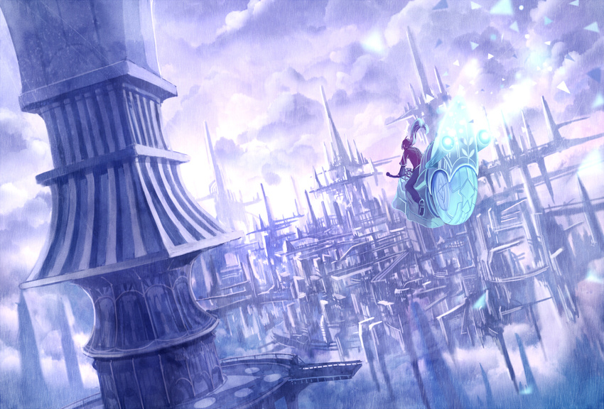 ahoge architecture cloud cloudy_sky commentary_request driving flying long_hair original pants red_shirt sakimori_(hououbds) scenery science_fiction shirt shoes sky solo tower