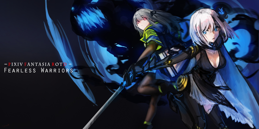 2girls ankle_boots armor black_dress blue_eyes blue_skirt boots breasts choker cleavage collarbone copyright_name dress gauntlets greaves grey_hair hair_ribbon highres k-yomi long_hair magic multiple_girls open_mouth original pantyhose pixiv_fantasia pixiv_fantasia_revenge_of_the_darkness red_eyes ribbon serious short_hair short_sleeves silver_hair sketch skirt sword weapon