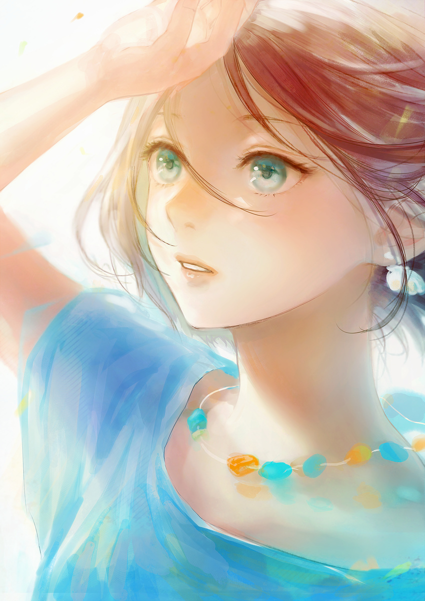 aqua_eyes blue_shirt blush brown_hair close-up earrings eye_reflection face hand_on_own_forehead highres jewelry necklace original parted_lips reflection romiy shirt short_hair solo summer white_background