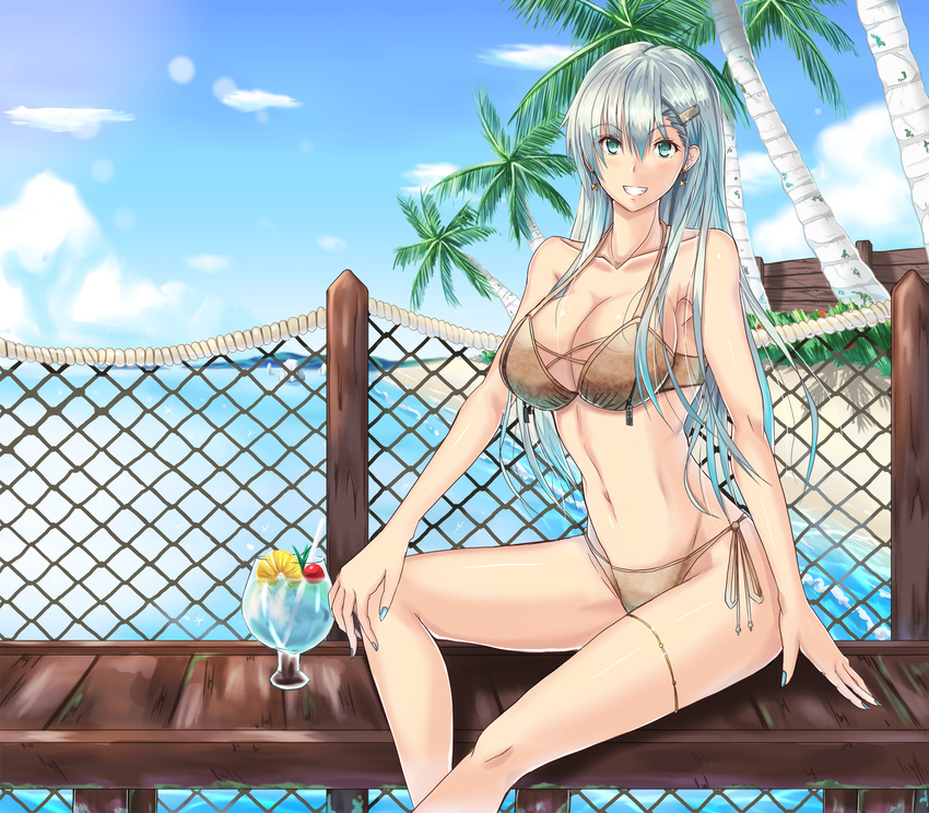 :d aqua_eyes aqua_hair bikini breasts cloud collarbone day glass hair_ornament hairclip hand_on_own_knee highres kantai_collection large_breasts long_hair looking_at_viewer luna_(gunfire) open_mouth palm_tree side-tie_bikini sitting sky smile solo suzuya_(kantai_collection) swimsuit thigh_strap tree water