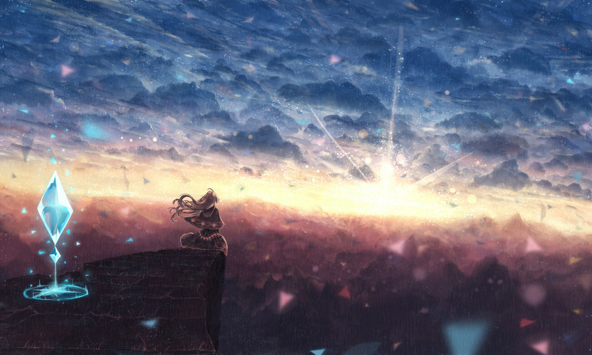 ahoge capelet cliff cloud cloudy_sky commentary_request crystal fantasy floating_hair long_hair magic original sakimori_(hououbds) scenery skirt sky solo sunlight sunrise