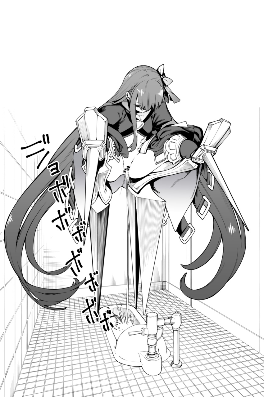 absurdres armor bar_censor blurry bottomless censored daftbonkers fate/extra fate/extra_ccc fate/grand_order fate_(series) greyscale hair_ribbon highres long_hair meltlilith monochrome pee peeing pussy ribbon solo squat_toilet squatting tile_floor tile_wall tiles toilet_use very_long_hair