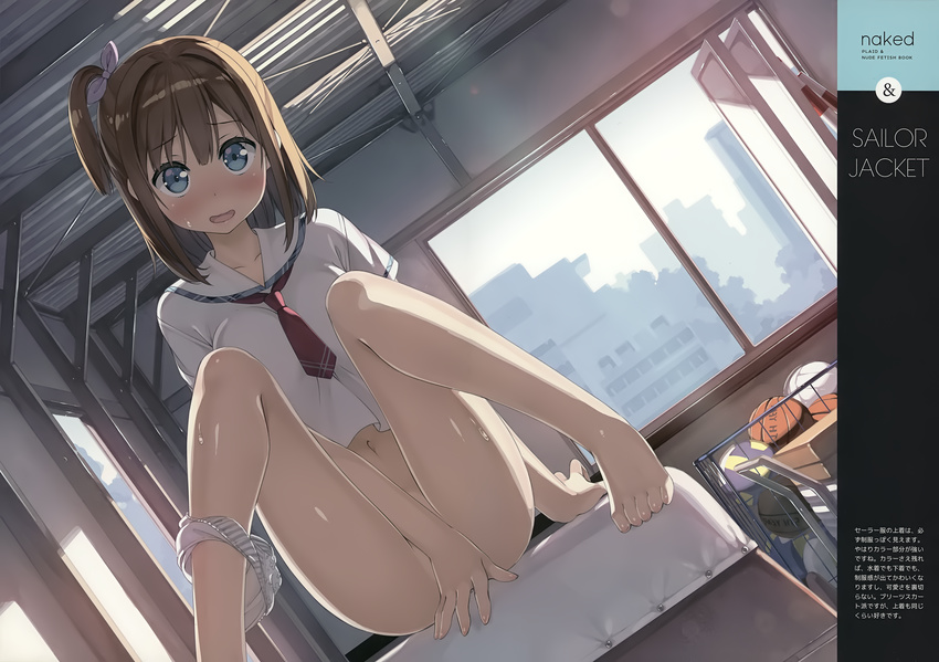 absurdres bangs barefoot basketball blue_eyes bottomless breasts brown_hair collarbone covering covering_crotch dutch_angle eyebrows_visible_through_hair grey_panties gym_storeroom highres huge_filesize indoors kantoku looking_at_viewer medium_breasts miyaguchi_kei navel non-web_source one_side_up open_mouth original panties panties_around_one_leg plaid scan school_uniform serafuku short_sleeves smile solo striped striped_panties thighs underwear vaulting_horse volleyball white_panties window