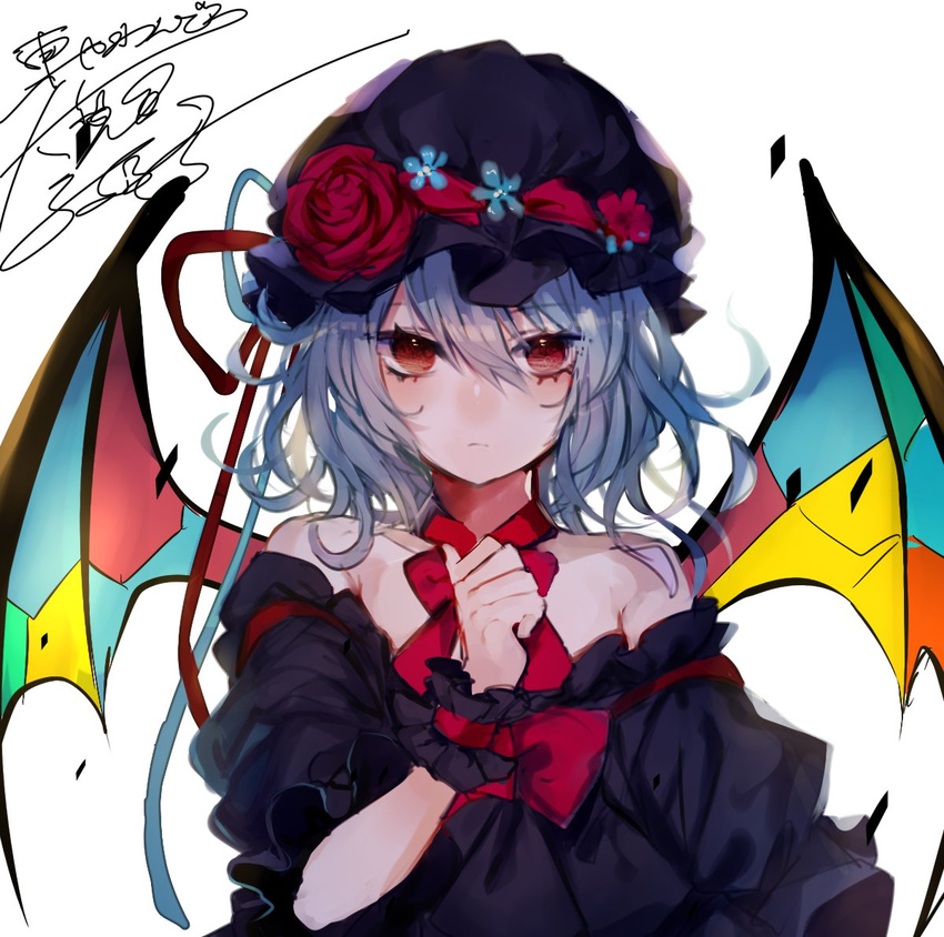 alternate_color bare_shoulders bat_wings black_dress blue_hair blush choker closed_mouth commentary daimaou_ruaeru detached_sleeves dress flower frown hair_between_eyes hat hat_flower looking_at_viewer mob_cap red_eyes red_flower red_ribbon red_rose remilia_scarlet ribbon ribbon_choker rose solo touhou upper_body wings wrist_cuffs