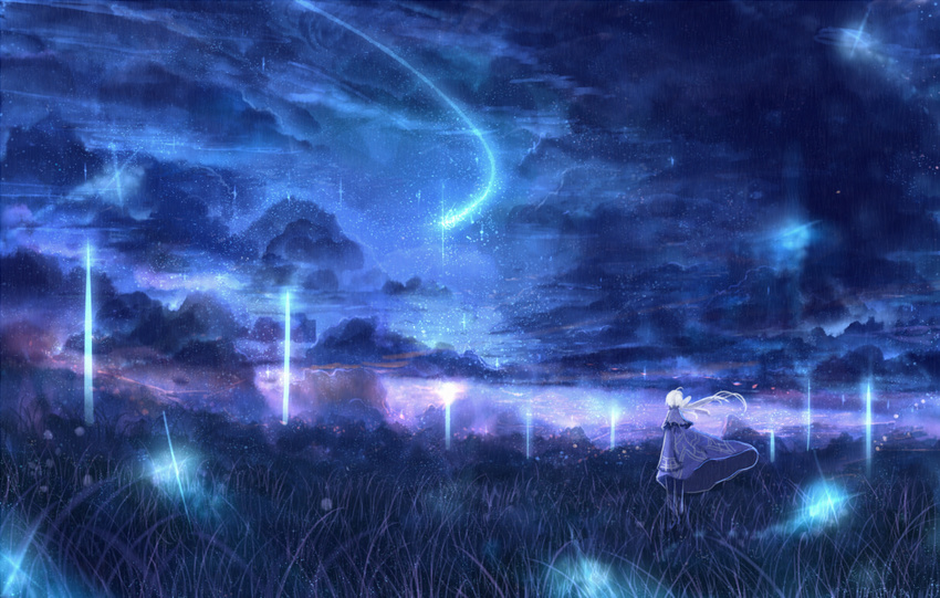 1girl blue_sky cloud cloudy_sky column commentary_request fantasy grass light long_hair night original pillar ponytail sakimori_(hououbds) scenery sky solo white_hair