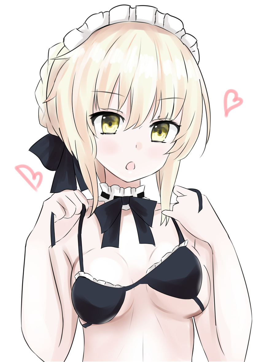 absurdres adjusting_clothes adjusting_swimsuit artoria_pendragon_(all) artoria_pendragon_(swimsuit_rider_alter) bangs bare_shoulders black_bra black_skirt blonde_hair blush bra breasts cleavage collarbone commentary eyebrows_visible_through_hair fate/grand_order fate_(series) free_chess highres looking_at_viewer maid maid_headdress medium_breasts neck_ribbon open_mouth ribbon sideboob skirt solo swimsuit underboob underwear upper_body yellow_eyes