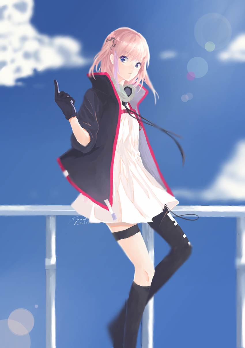 1girl :3 absurdres asymmetrical_clothes bangs black_gloves blue_eyes closed_mouth cloud dated dress girls_frontline gloves headphones highres jacket k-yomi lens_flare long_hair looking_at_viewer one_side_up outdoors pink_hair railing scarf signature sketch sleeves_rolled_up st_ar-15_(girls_frontline) thigh_strap thighhighs white_dress
