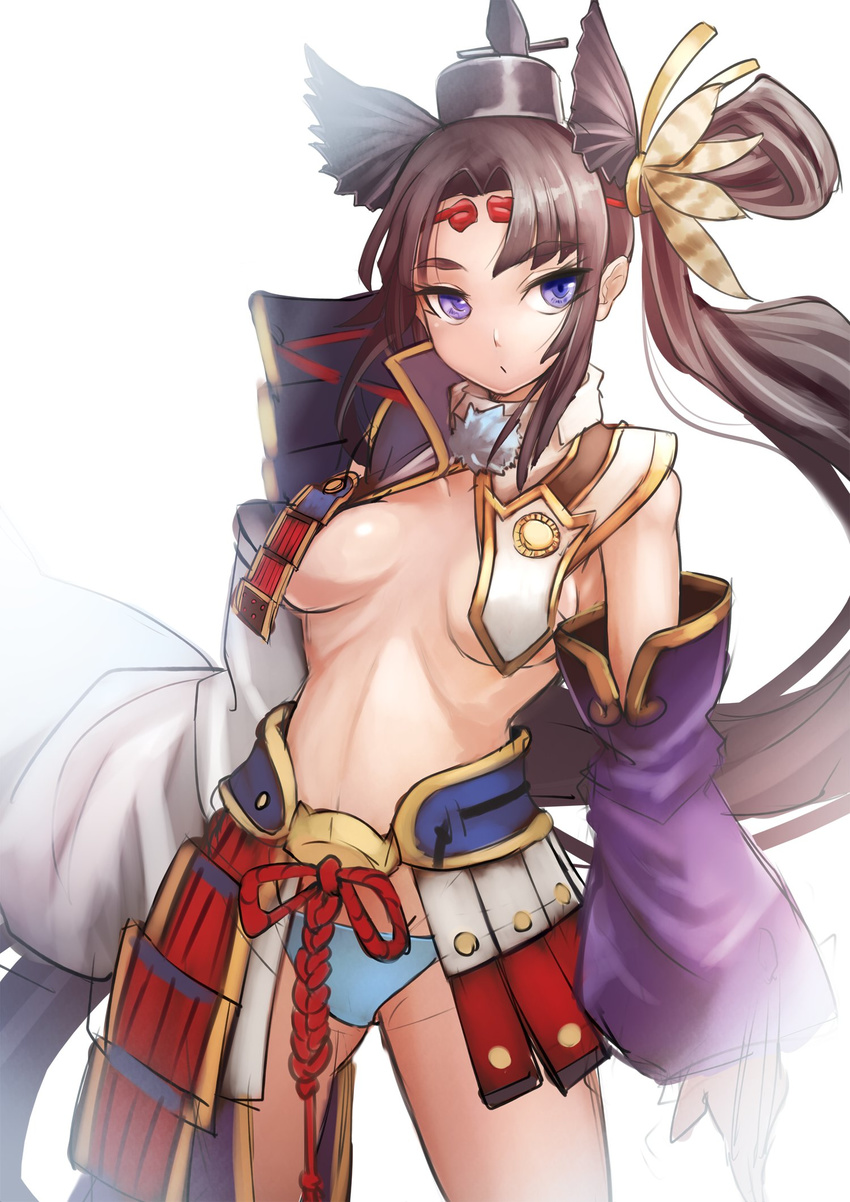 armor black_hair blue_eyes blue_panties breasts commentary_request cowboy_shot detached_sleeves fate/grand_order fate_(series) hair_ornament hat highres japanese_armor long_hair long_sleeves looking_at_viewer medium_breasts midriff mismatched_sleeves navel panties revealing_clothes side_ponytail solo sowel_(sk3) stomach underwear ushiwakamaru_(fate/grand_order) very_long_hair wide_sleeves