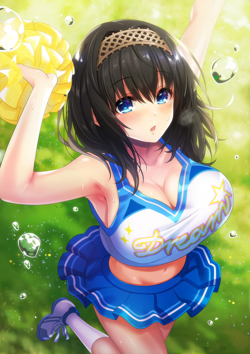 absurdres armpits arms_up azuki_yui bangs bare_shoulders black_hair blue_eyes blue_skirt blush breasts cheerleader cleavage collarbone commentary_request eyebrows_visible_through_hair hair_between_eyes hairband highres idolmaster idolmaster_cinderella_girls large_breasts long_hair looking_at_viewer midriff navel outdoors pleated_skirt pom_poms sagisawa_fumika shoes skirt sneakers socks solo sweatdrop thighs